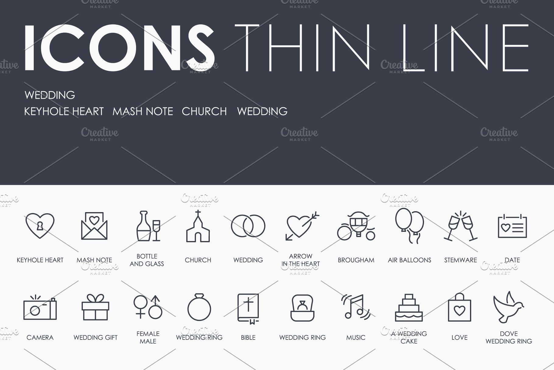 婚礼主题线条图标素材 Wedding thinline icons插图