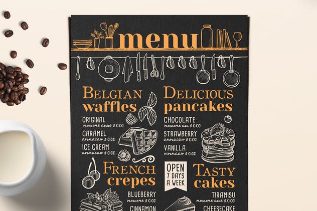 煎饼＆华夫饼餐厅菜单设计模板 Pancakes and Waffles Restaurant Menu插图(2)