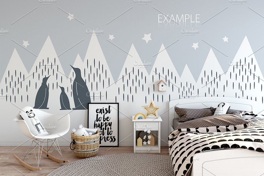 儿童主题卧室墙纸设计&相框样机 Interior KIDS WALL & FRAMES Mockup 2插图35