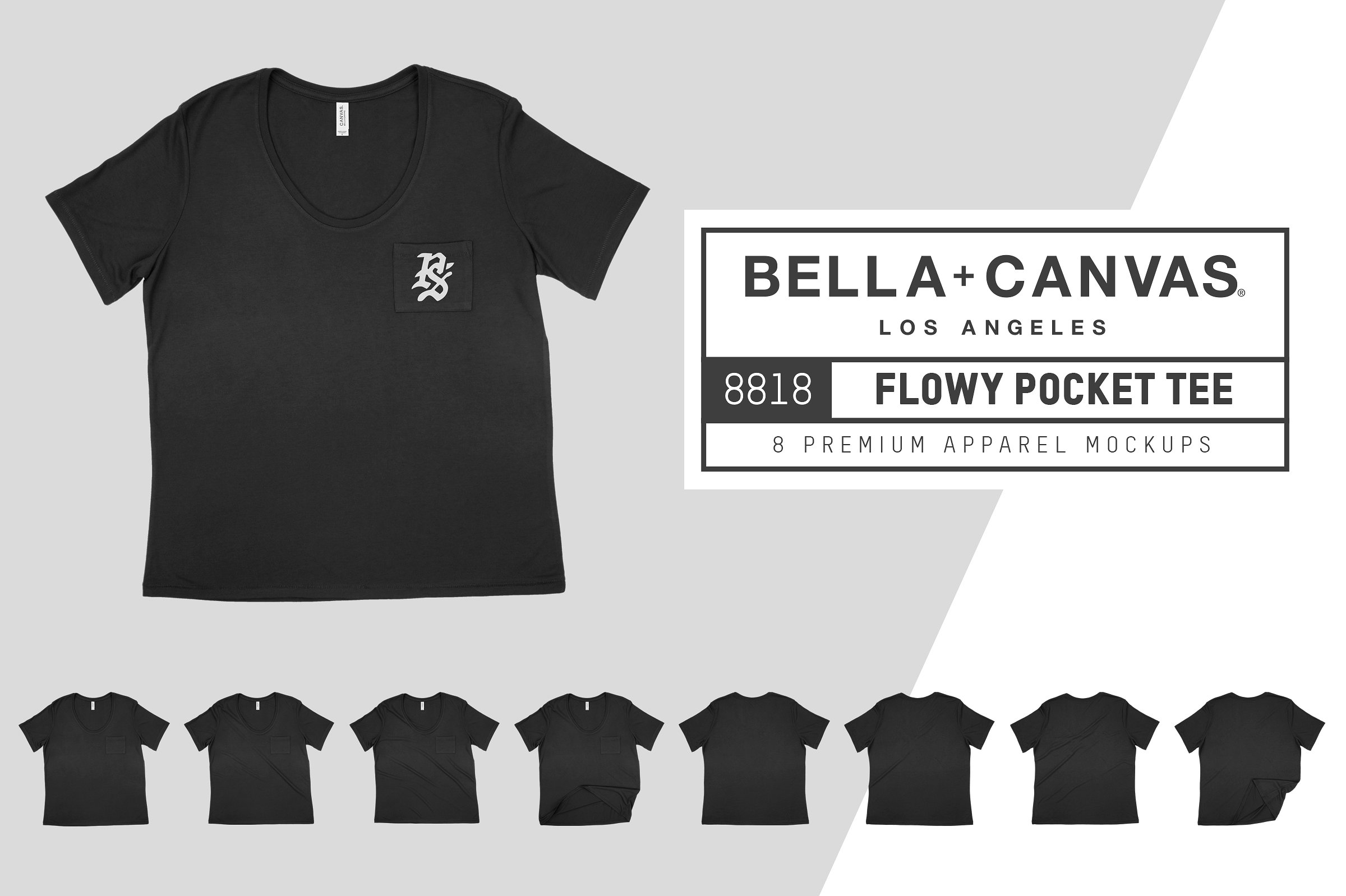 圆领口袋T恤服装样机 Bella Canvas 8818 Flowy Pocket Tee插图