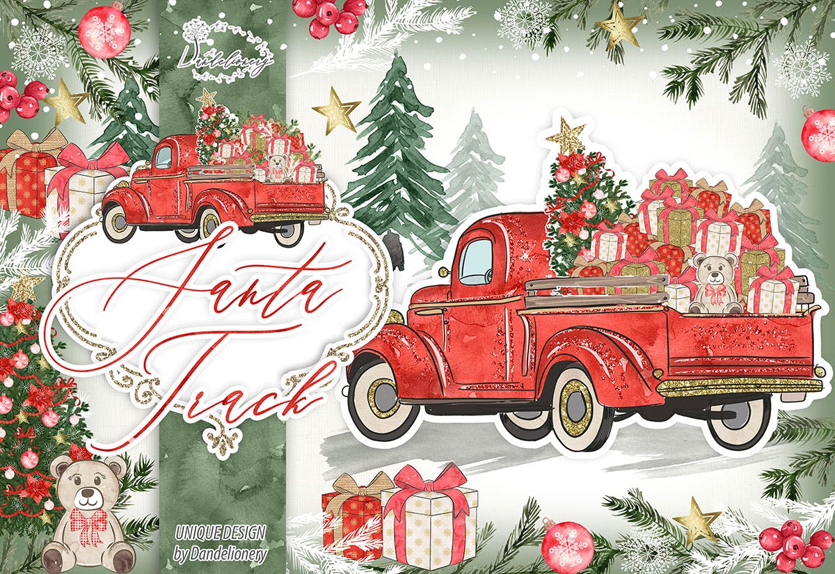 圣诞节礼品卡车矢量手绘设计素材 Christmas Car design插图(4)