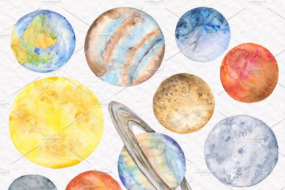 太空行星水彩设计素材包 Space Toolkit  Watercolor Planets插图(1)