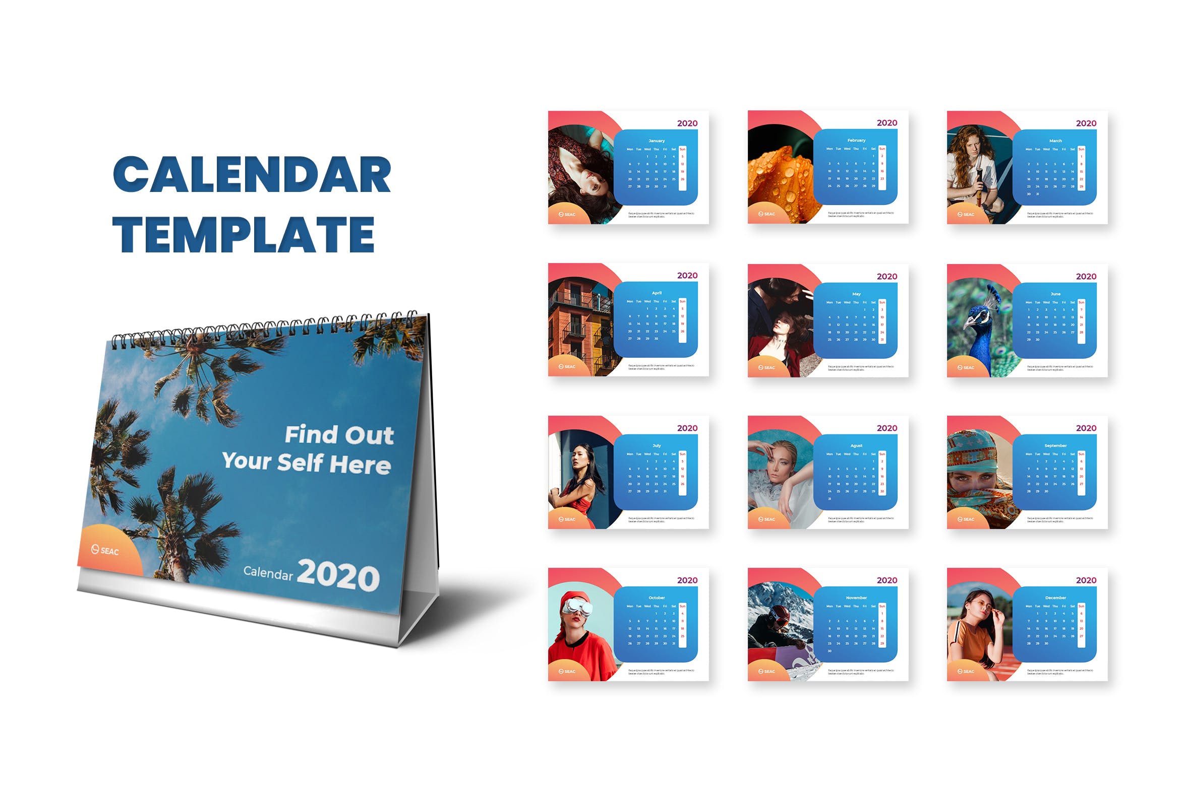 2020年人物主题新年台历设计模板 Calendar 2020插图