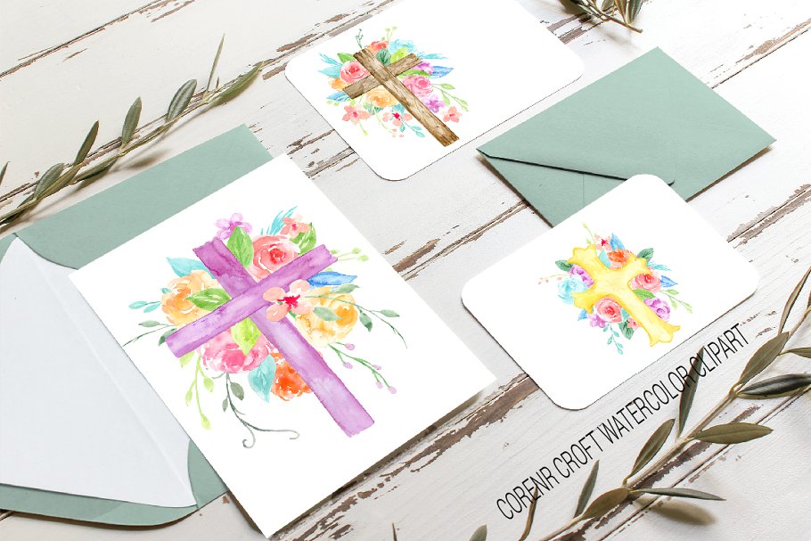 水彩艺术花卉十字架剪贴画 Watercolor clip Art Floral Cross插图(5)