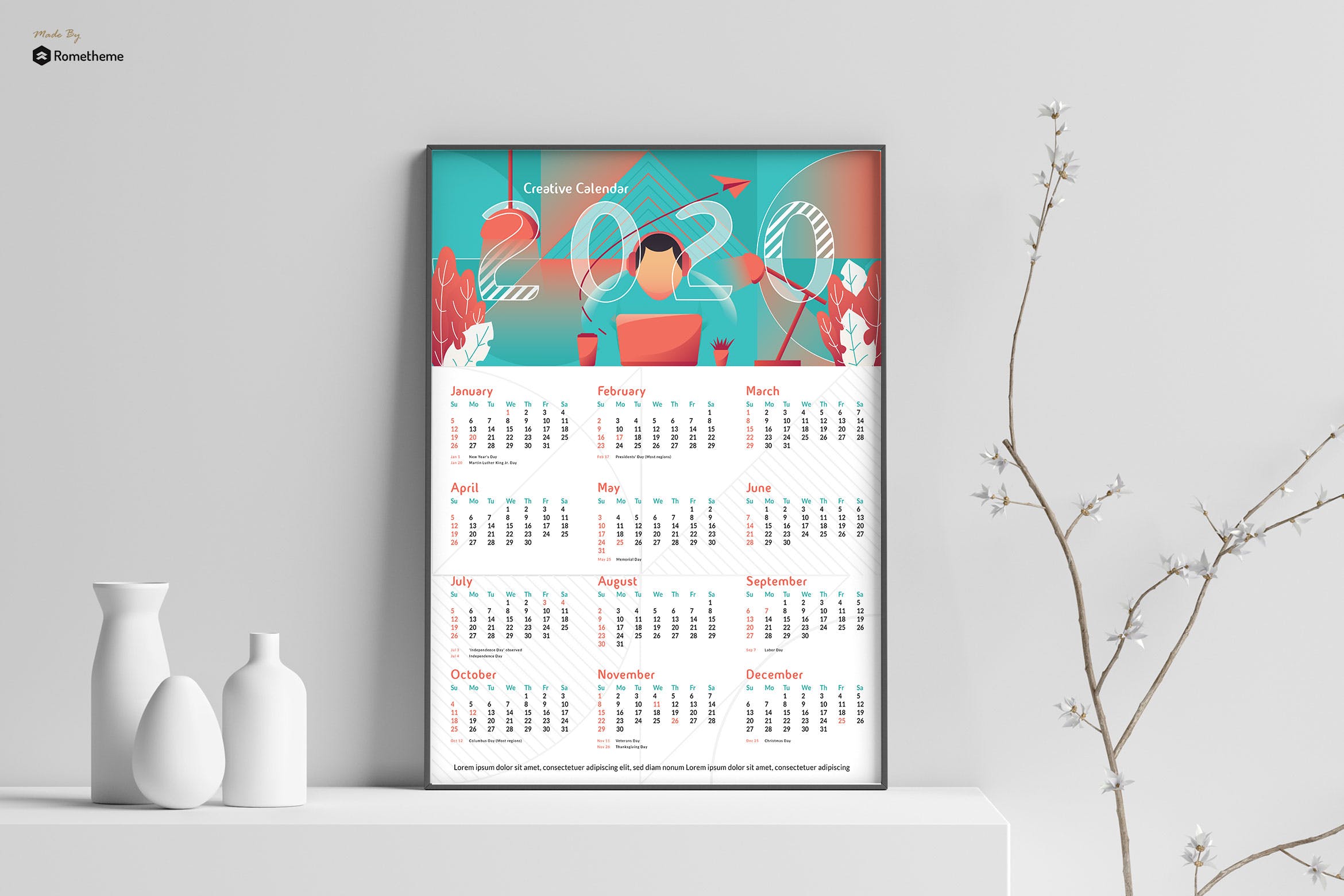 2020年创意单页日历设计模板 Creative Calendar 2020 GR插图