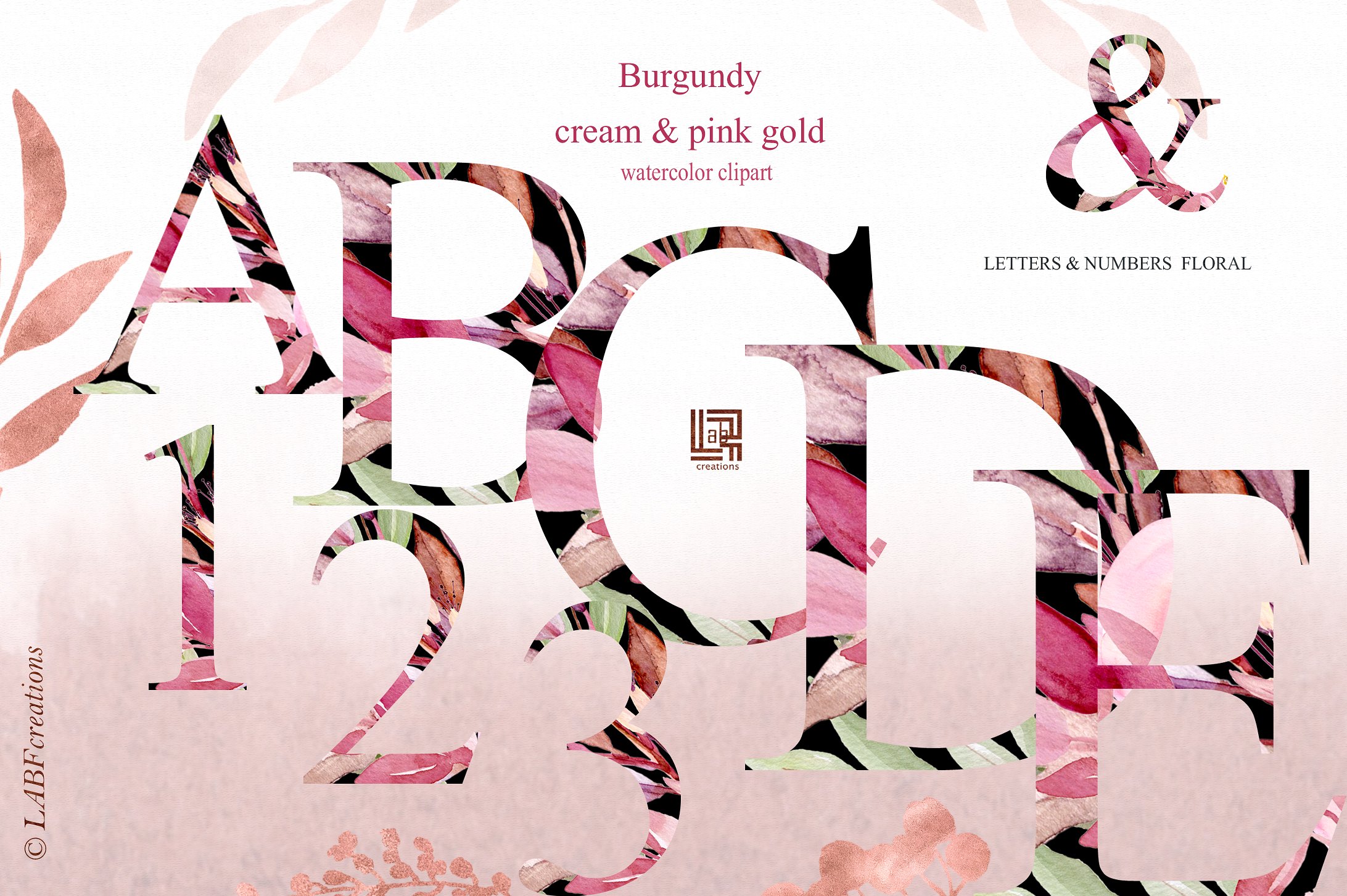 勃艮第奶油和金粉色水彩花卉剪贴画 Burgundy cream  & gold pink flowers插图(6)