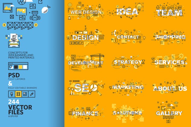 细线扁平设计风格字体插画混合Banner设计模板 Thin Line Flat Design Word Banners Pack插图(1)