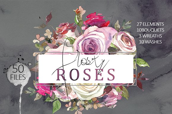 霜白玫瑰花水彩画设计素材 Frosty Roses Watercolor Flowers Set插图(1)