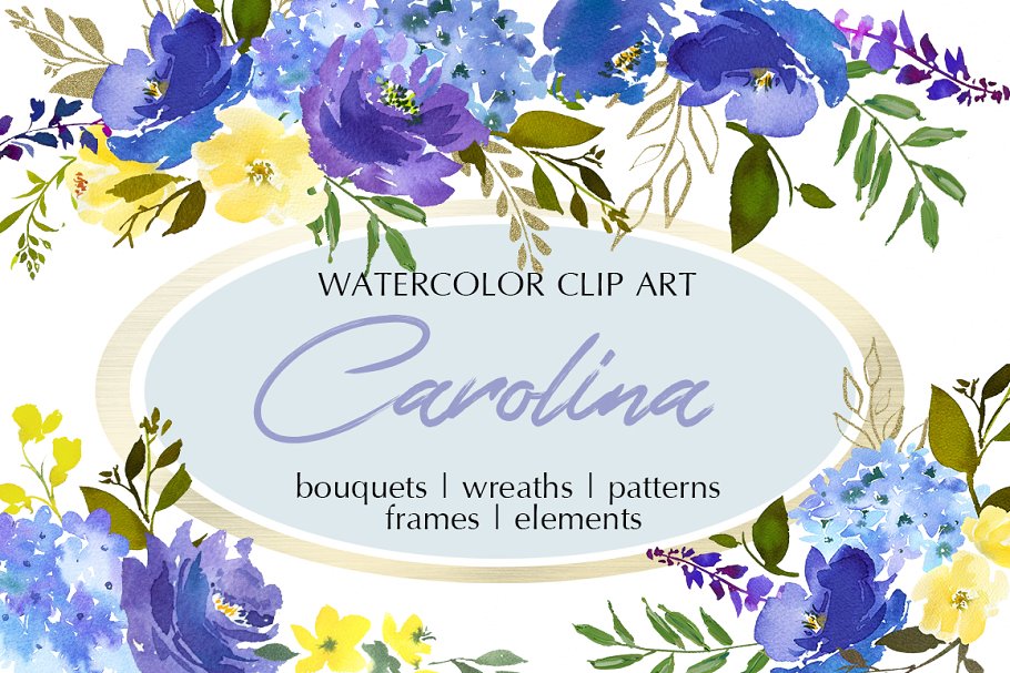 皇家蓝色水彩花卉剪贴画 Royal Blue Watercolor Floral Clipart插图