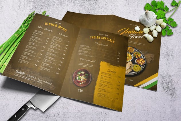 印度美食双折页菜单设计PSD模板 Indian Food Menu A4 & US Letter – Bifold插图(1)