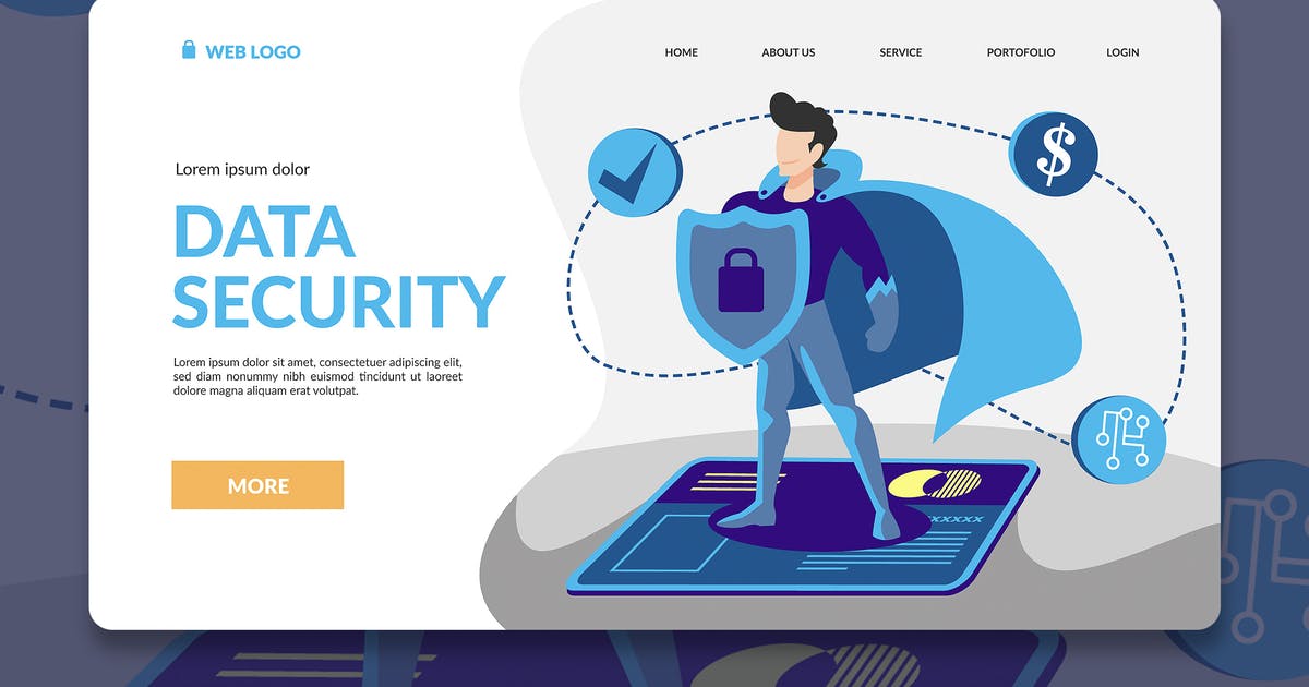 网站着陆页设计数据安全保护手绘插画模板 Security Hero Landing Page Illustration插图