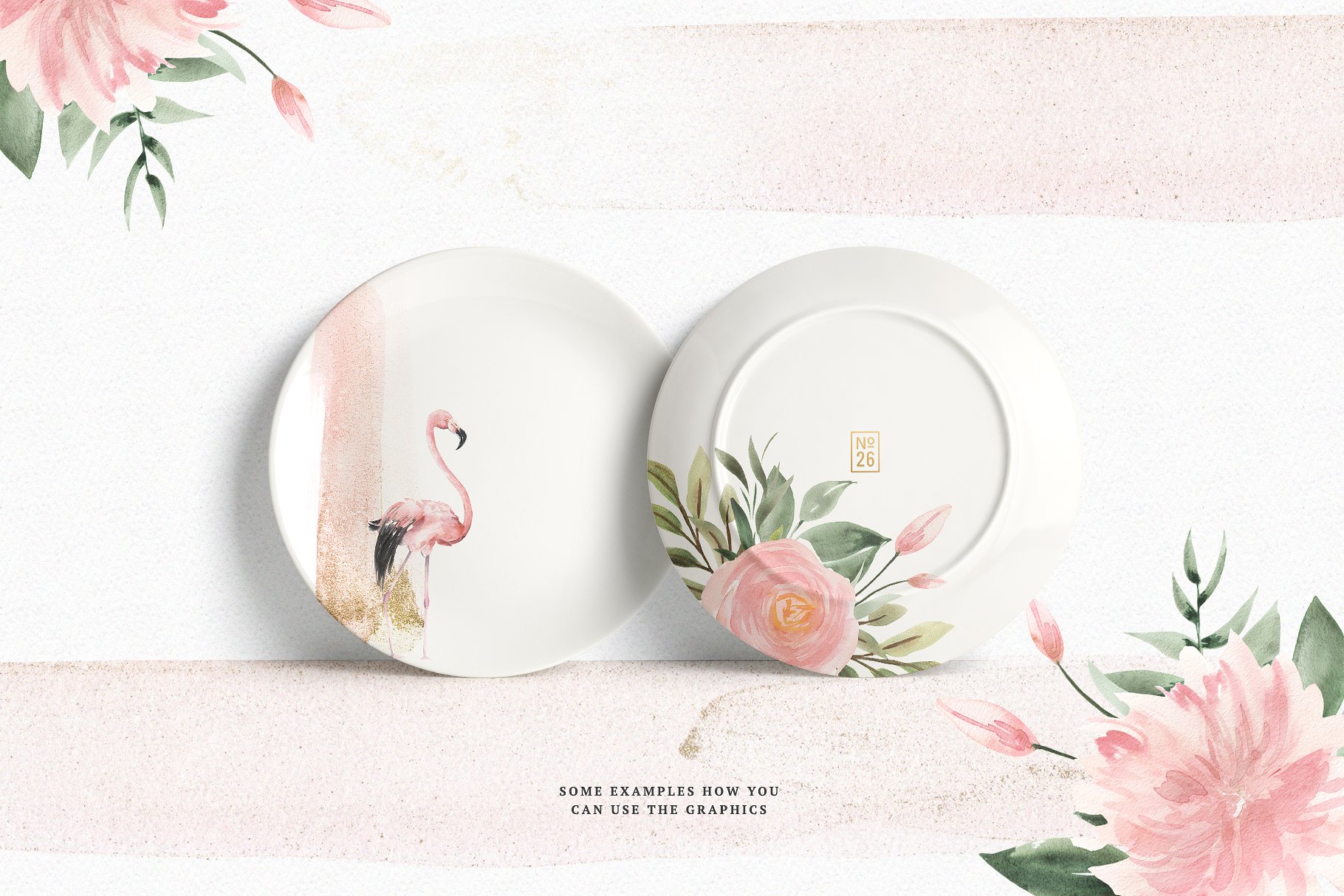 火烈鸟与鲜花矢量水彩插画 Watercolor Flamingo & Flowers插图11