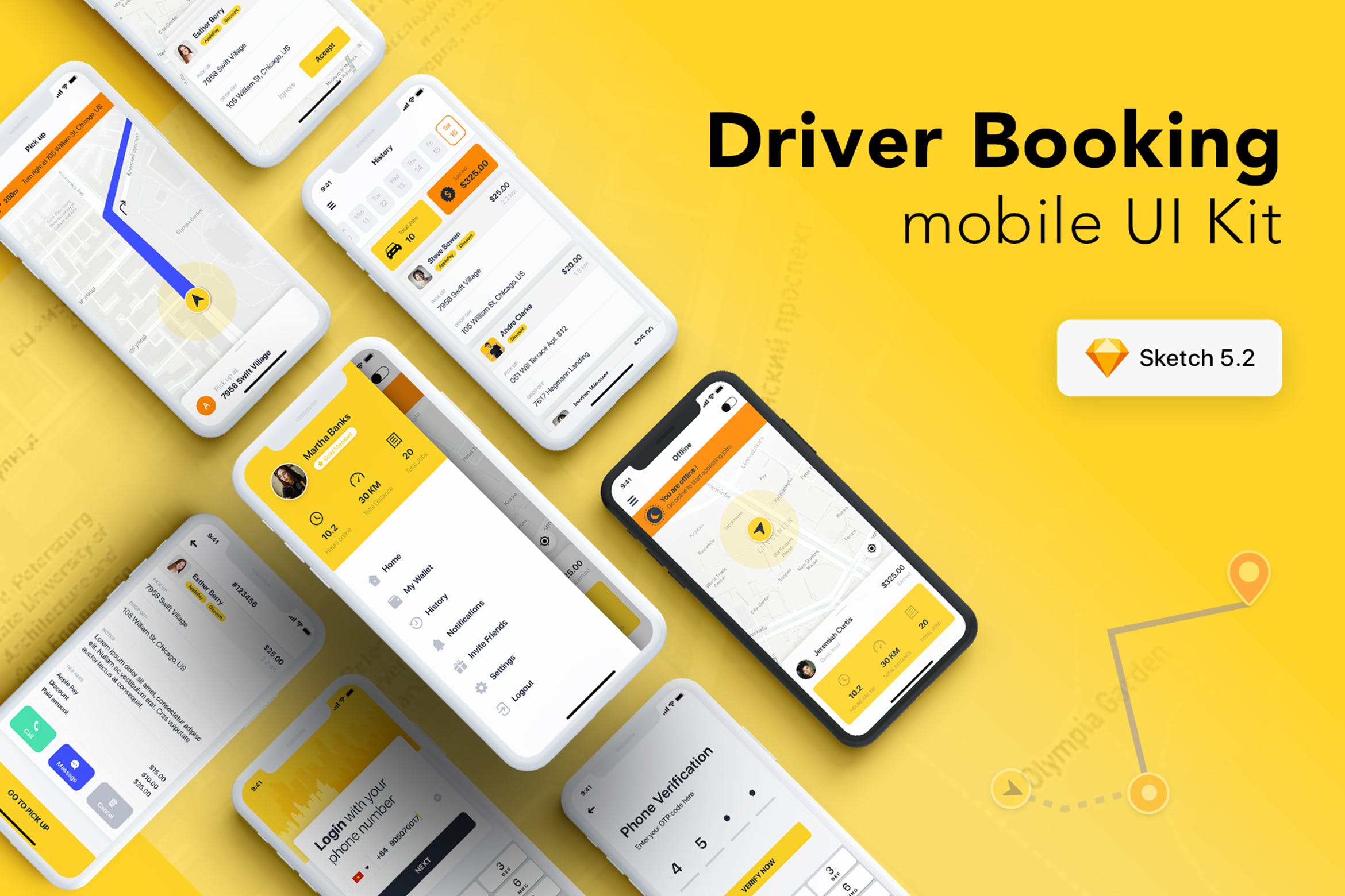类Uber打车软件网约车APP应用UI设计套件SKETCH模板 Taxi Driver Booking UI Kit for SKETCH插图