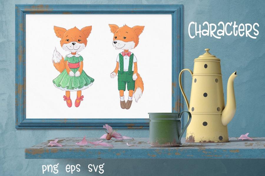 可爱的狐狸和罂粟花矢量剪贴画插图(6)