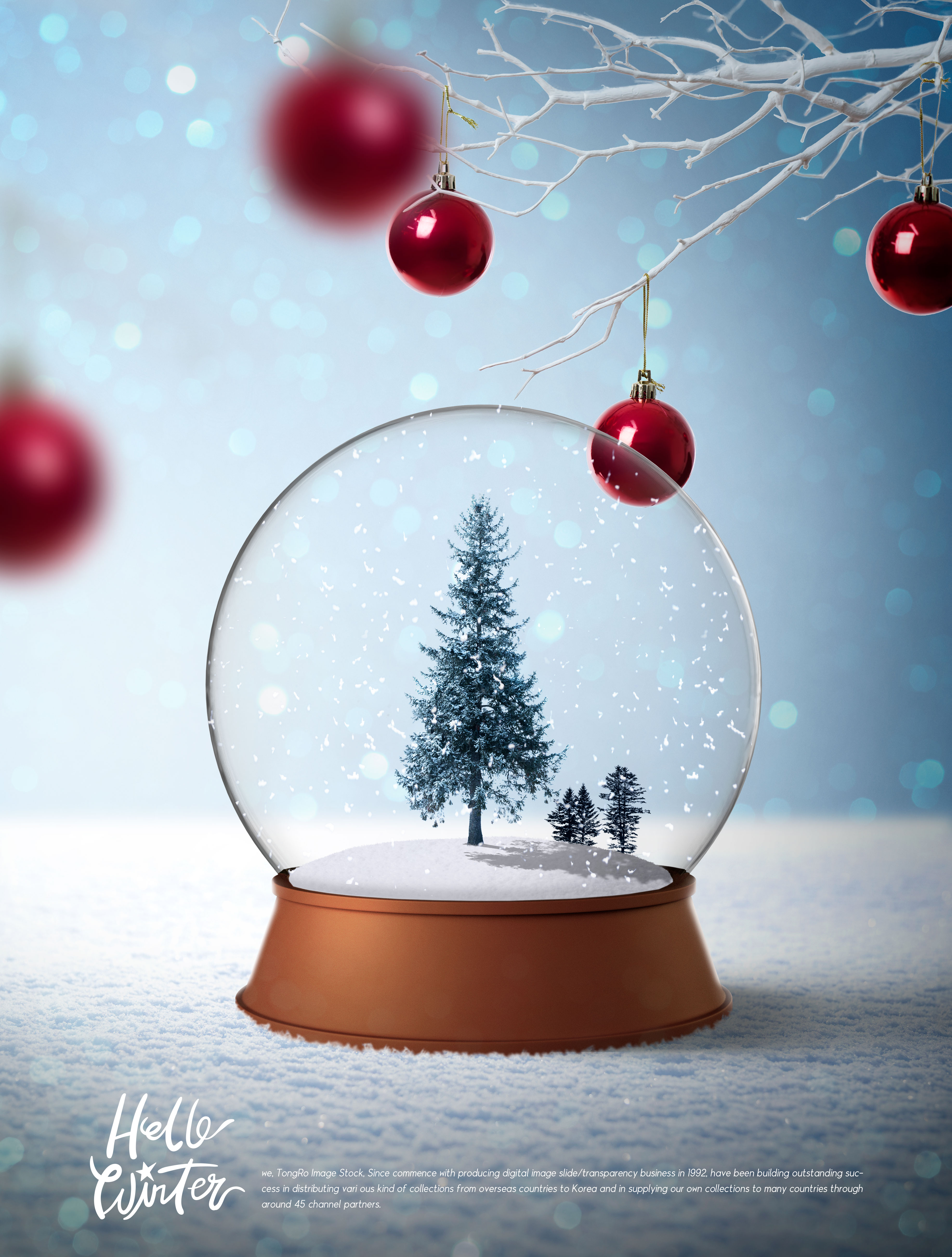 透明玻璃雪球冬季圣诞主题海报设计模板插图