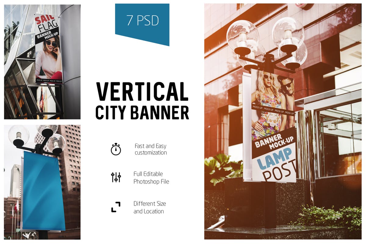 城市广告牌灯柱垂直Banner样机 Vertical City Banner Mock-Up插图
