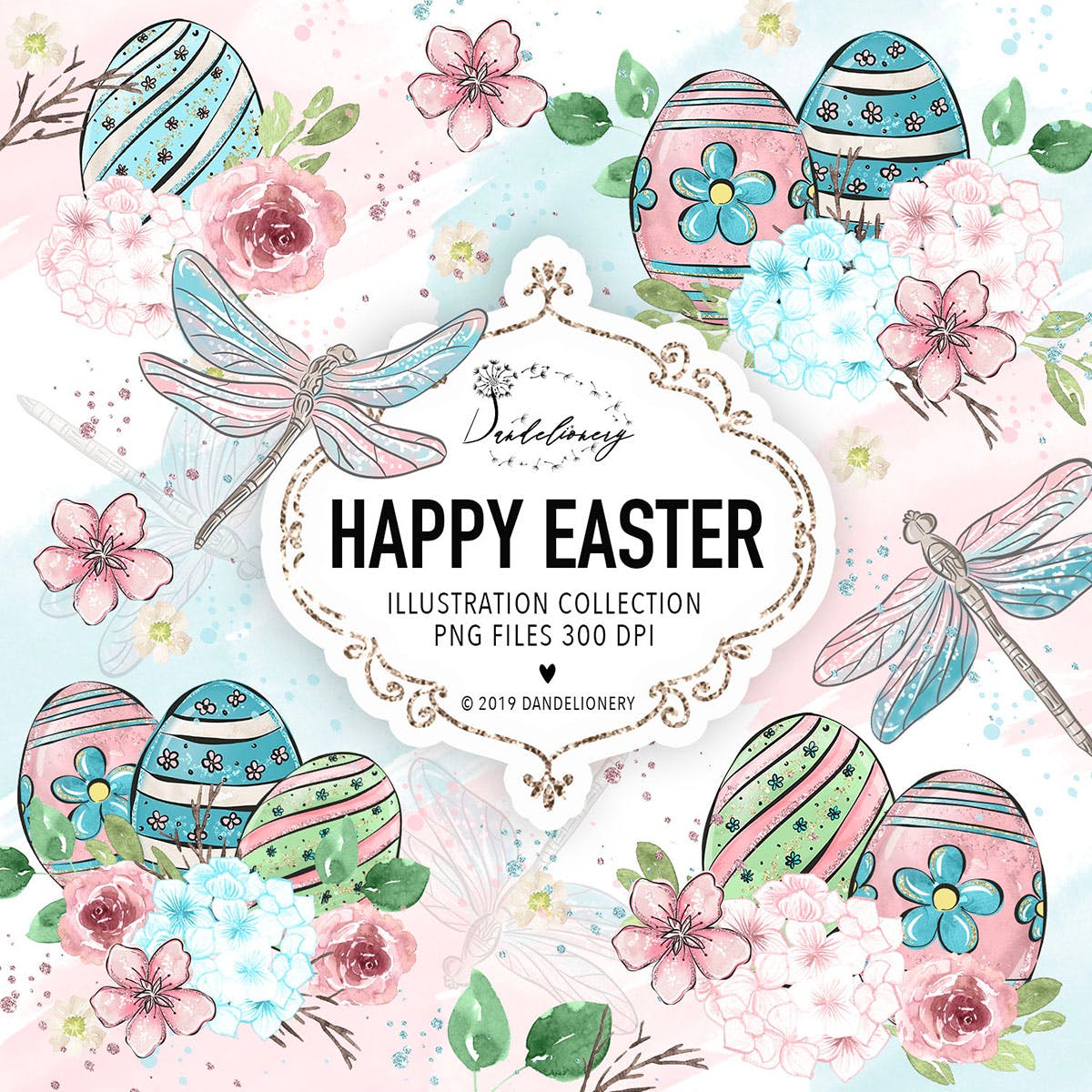 复活节蜻蜓水彩手绘剪贴画PNG素材 Happy Easter dragonfly design插图(4)
