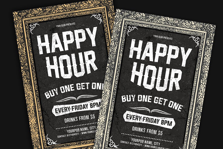 欢乐时光复古派对传单模板 Happy Hour Flyer插图(1)