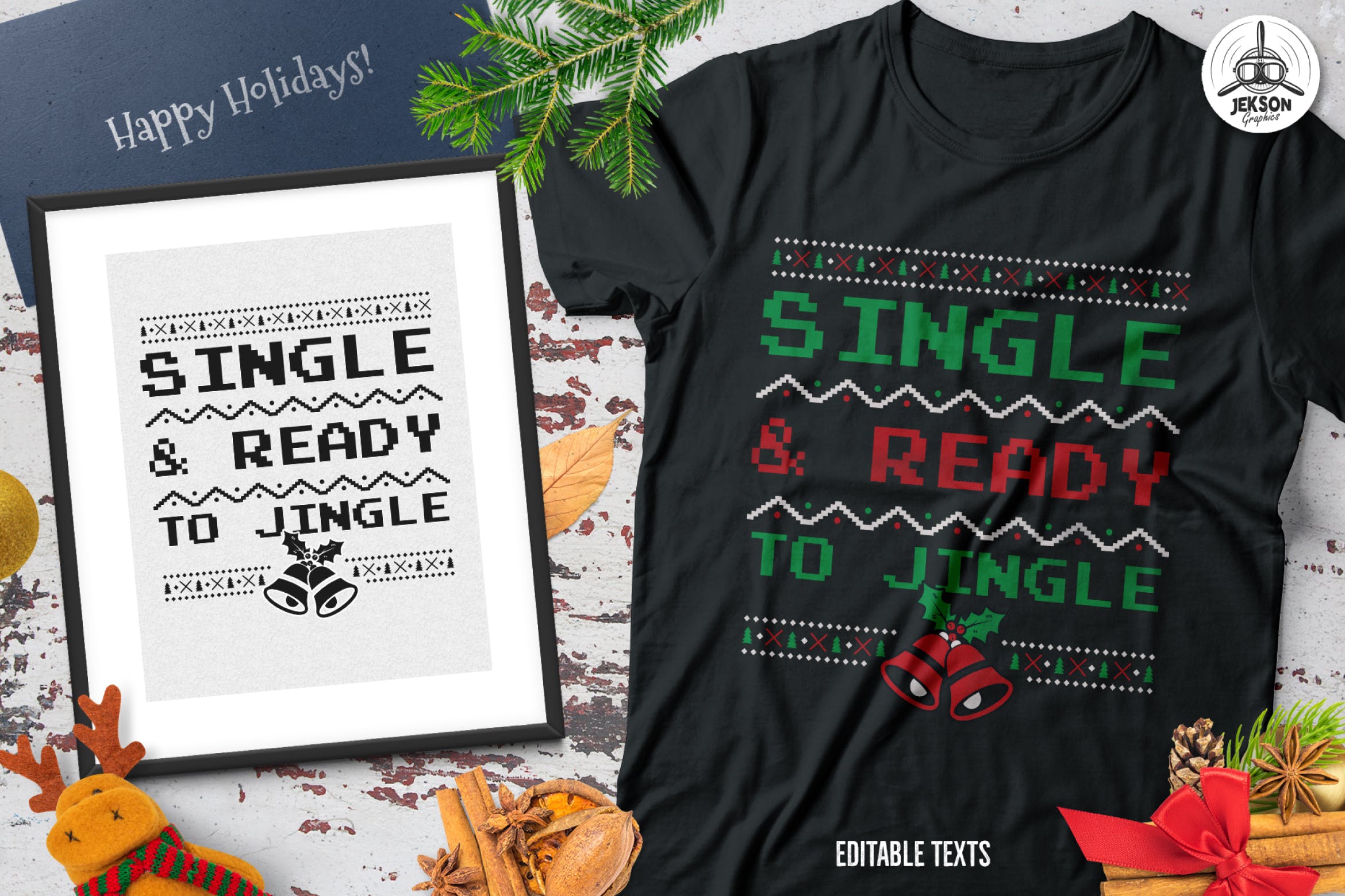 圣诞叮当毛衣T恤印花手绘图案设计素材 Christmas Jingle Sweater T-Shirt Xmas Retro Party插图