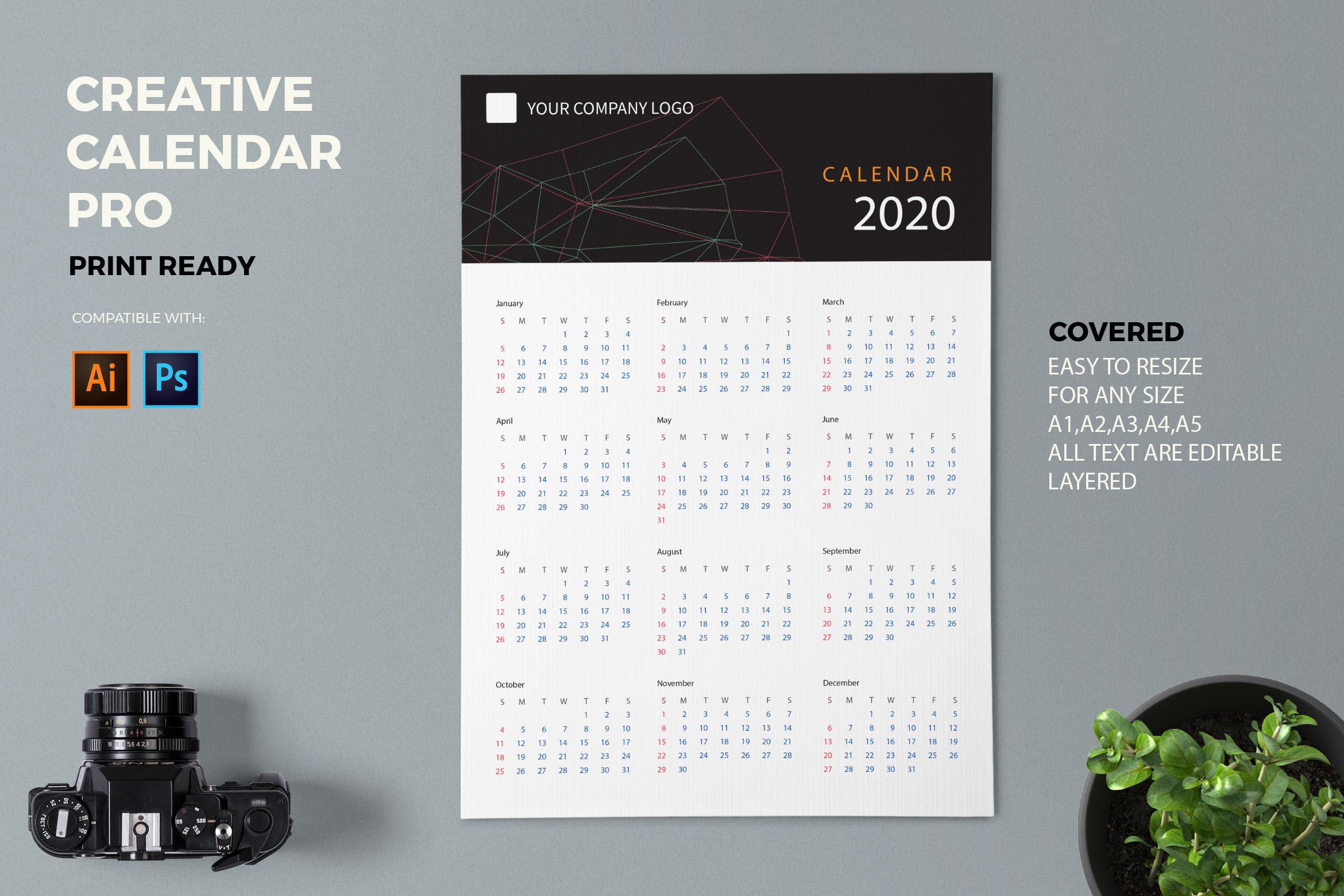 抽象几何图形2020创意日历年历设计模板 Creative Calendar Pro 2020插图