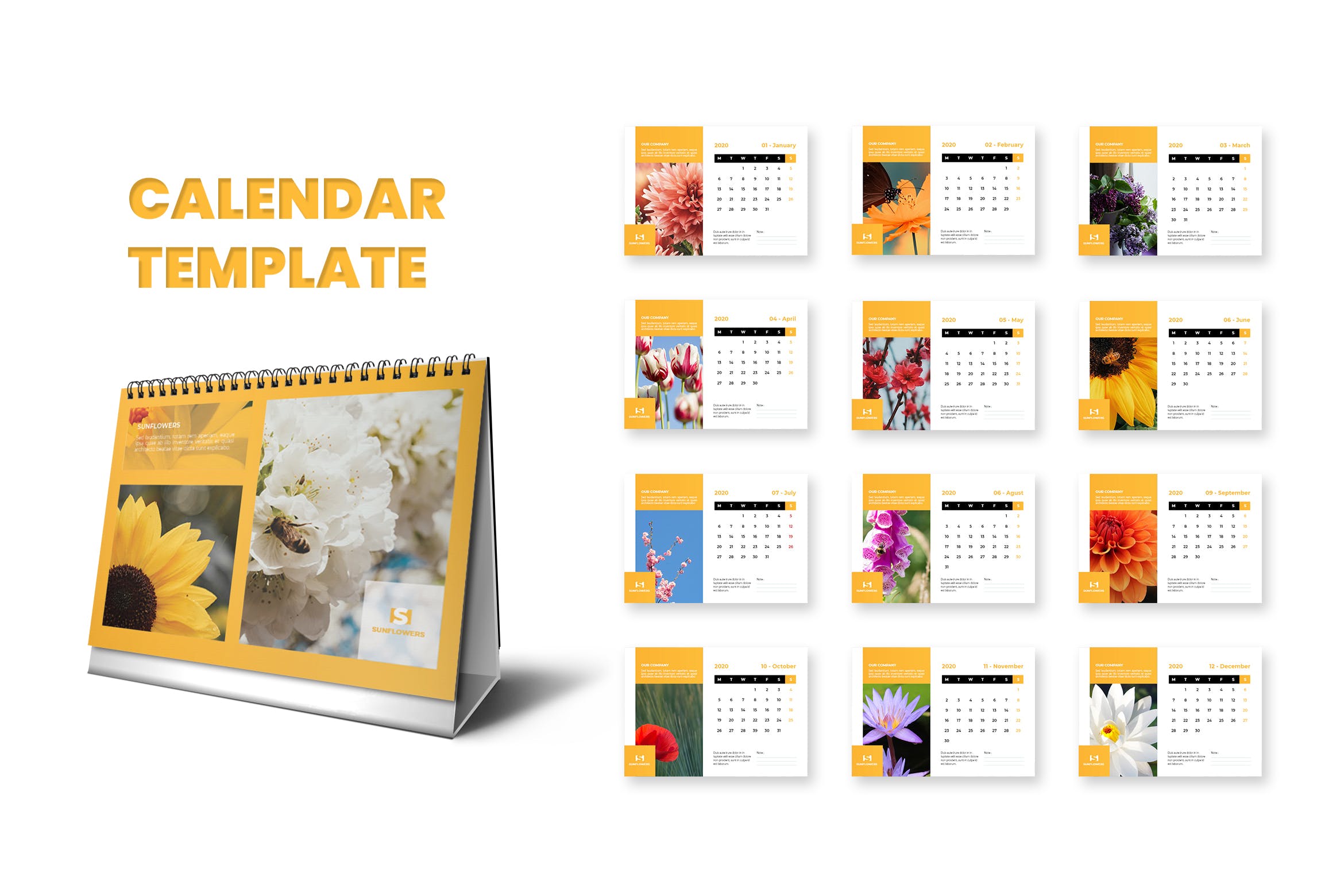 2020年风景花卉主题企业台历设计模板 Calendar 2020插图