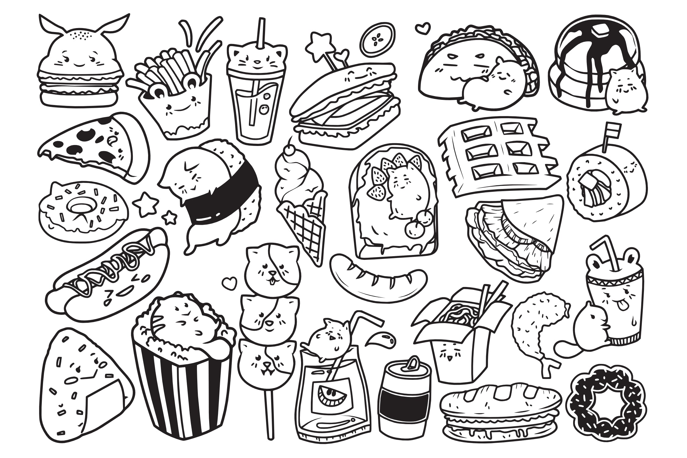 快餐美食涂鸦手绘矢量图案素材 Fast Food Doodle Vector插图(1)