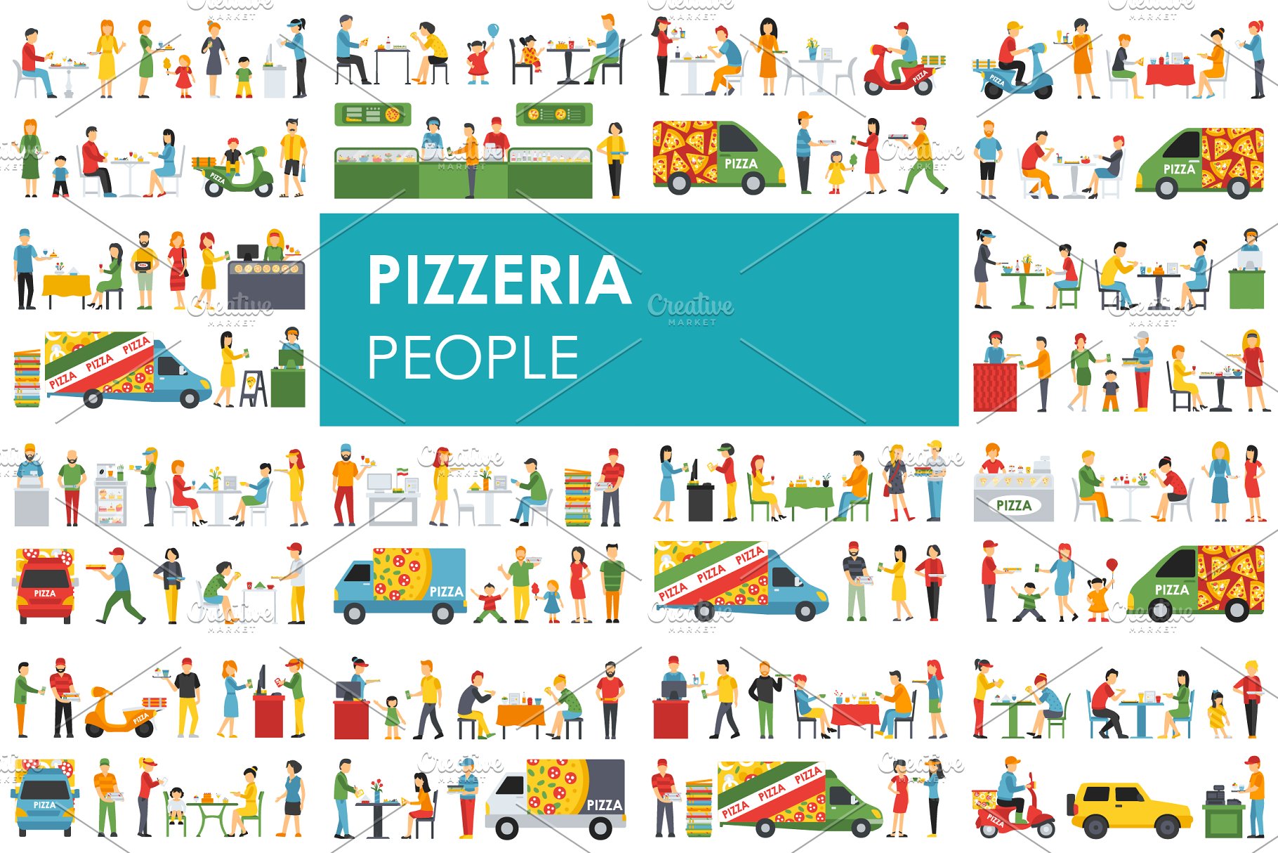 各式职业人员吃披萨形象扁平化设计矢量插画 Pizzeria – flat people set插图