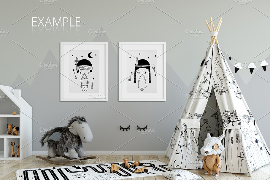 儿童主题卧室墙纸设计&相框样机 Interior KIDS WALL & FRAMES Mockup 2插图29