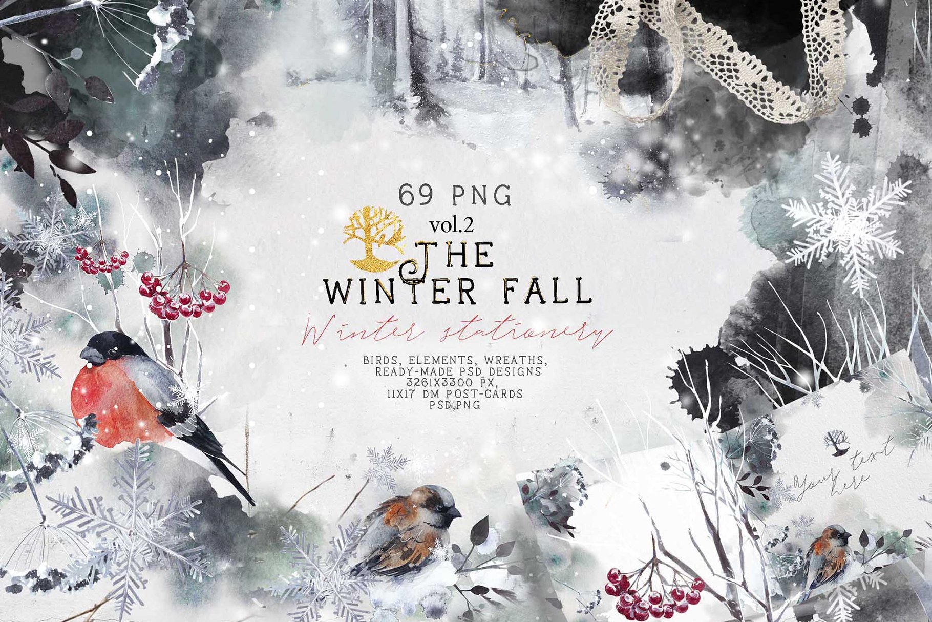 秋冬水墨手绘元素合集 vol.2 "Winter fall" stationery插图