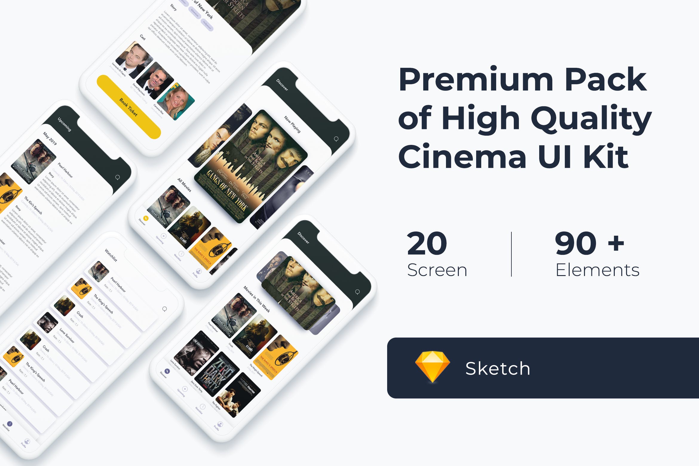 专业电影票预订APP应用UI设计套件SKETCH模板 Cinema Movie UI KIT for Sketch插图