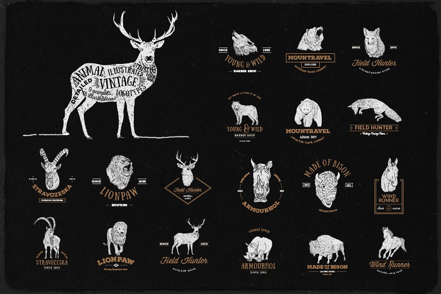 手绘动物图形复古Logo设计模板 Hand Drawn Animals Vintage Logo Kit插图(3)