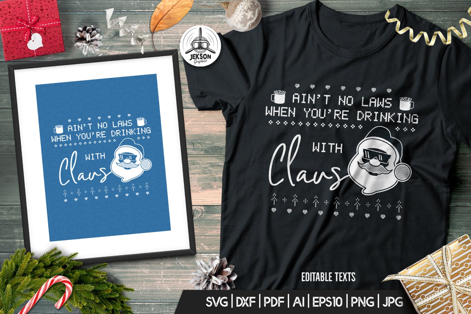 情人套装圣诞节主题T恤圣诞老人印花图案设计素材 Santa Christmas Ugly Print Template, TShirt Design插图1