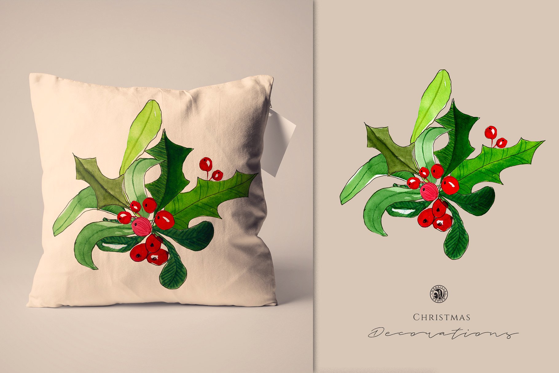 绿色水彩圣诞花卉装饰剪贴画合集 Watercolor Christmas Decorations插图(3)