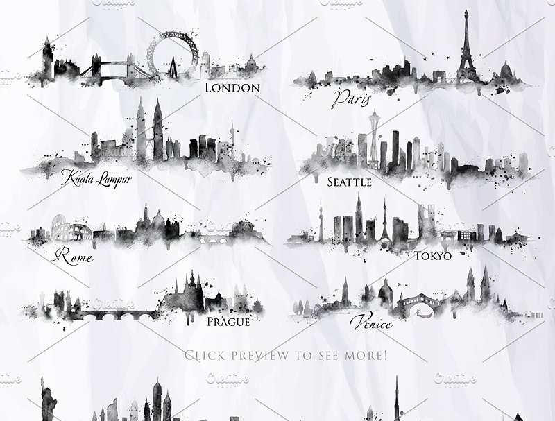 71个城市水彩剪影矢量图形 Silhouette city插图2