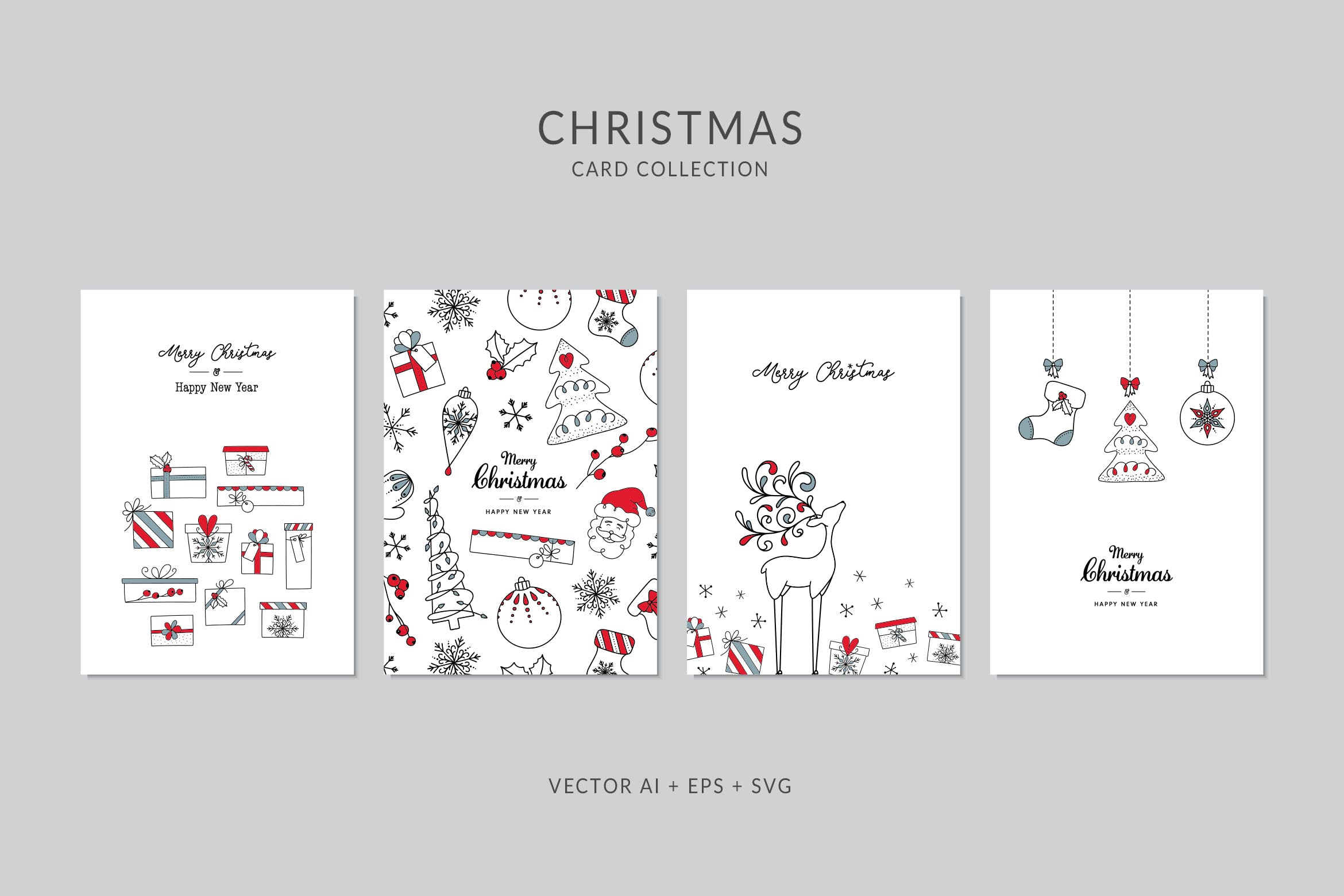 圣诞礼物手绘图案圣诞节贺卡矢量设计模板集v1 Christmas Greeting Card Vector Set插图