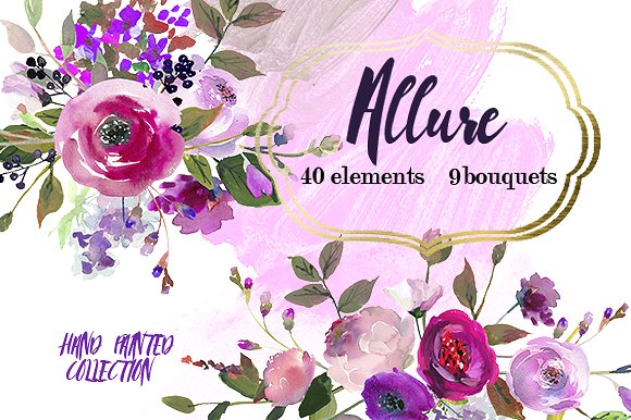 粉色紫色水彩花卉剪贴画合集 Pink Purple Watercolor Flowers Set插图