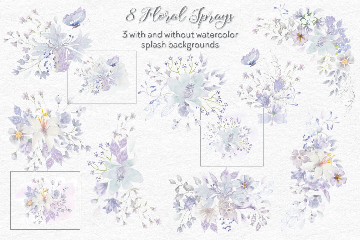 烟灰色水彩花卉手绘图案PNG素材 Smoky Grey Florals Watercolor Design Set插图(3)