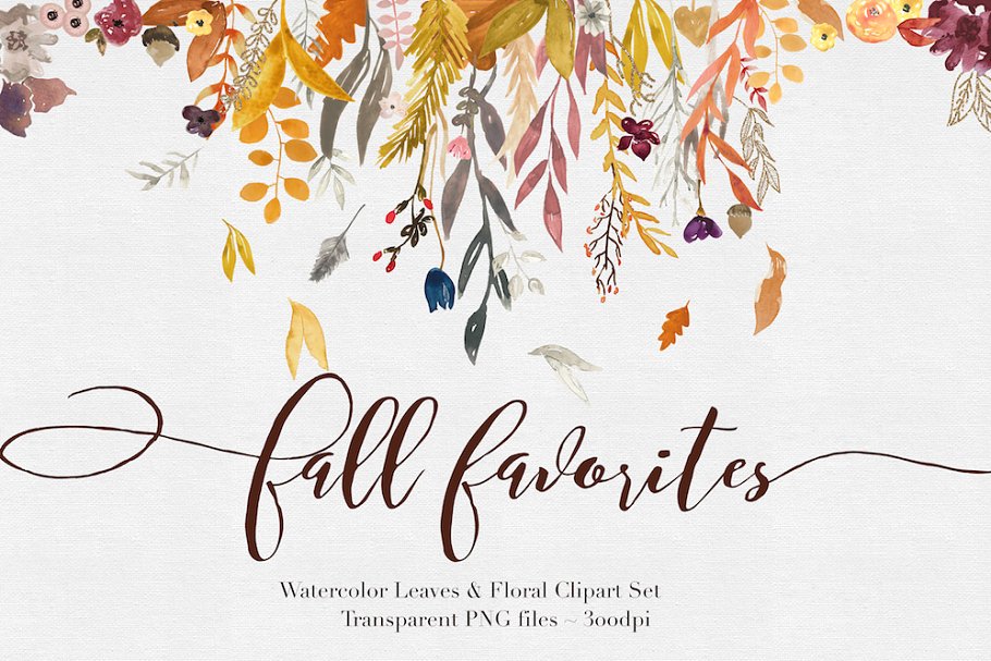 独特的秋季手绘花卉树叶插图 Fall Watercolor Clipart插图