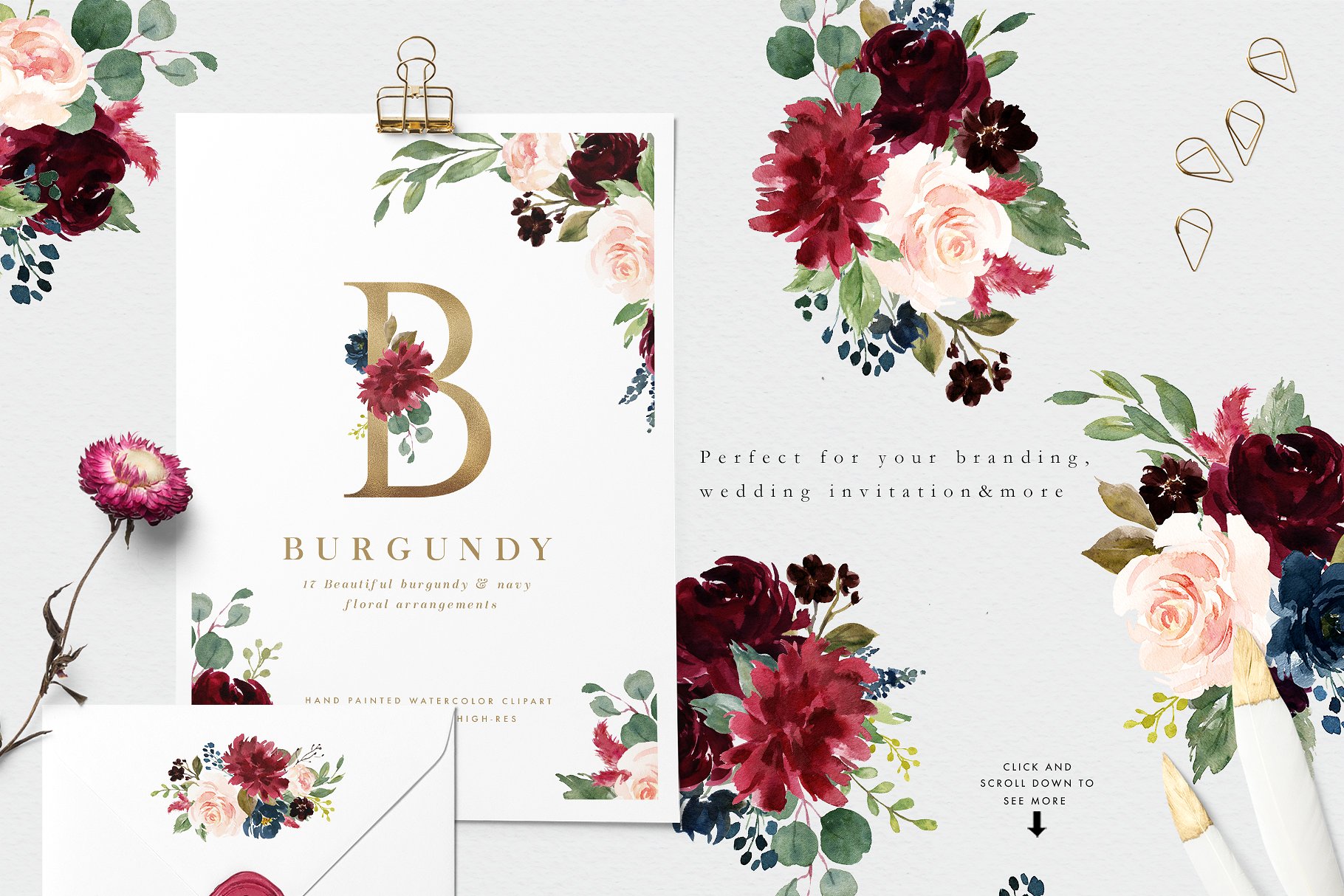 极力推荐：水彩花卉素材 Burgundy&Navy Floral Graphic Set [1.63GB]插图3