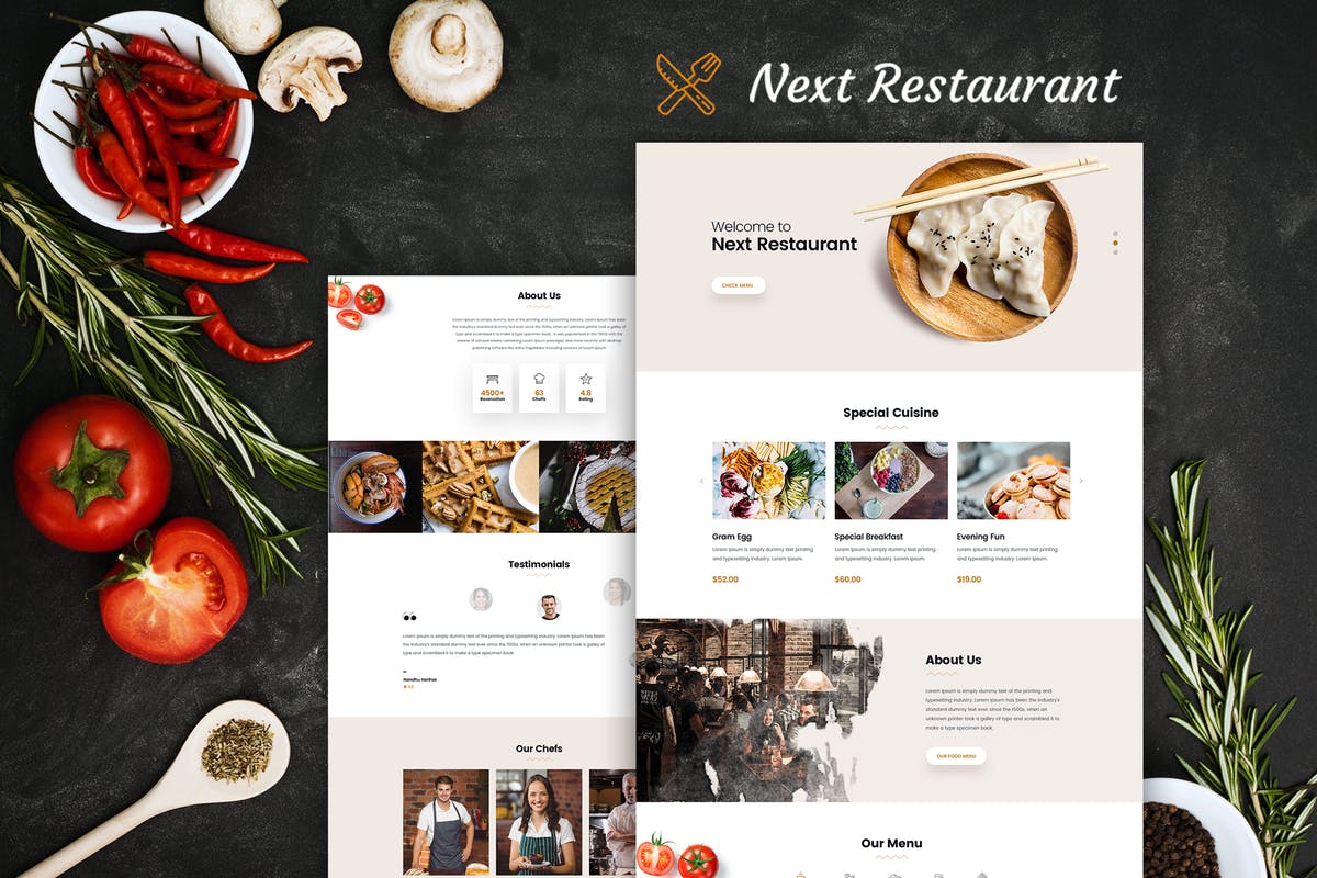 餐厅在线预订网站和菜单设计PSD模板 Restaurant Online Reservation & Menu PSD Template插图