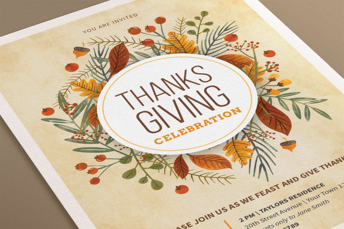 手绘花卉装饰设计风格感恩节主题海报传单模板 Thanksgiving Flyers 2018插图(2)