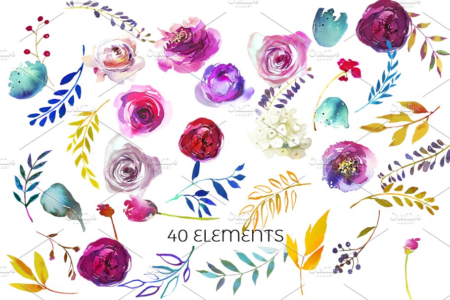 靛蓝粉红水彩花卉剪贴画 Indigo Pink Teal Watercolor Florals插图(4)