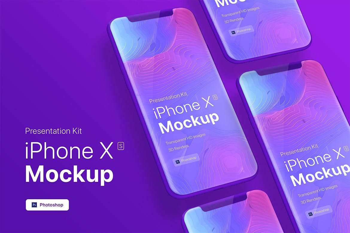 iPhone Xs手机多屏幕平铺演示样机模板 iPhone XS app mobile showcase Mock-Up插图(2)