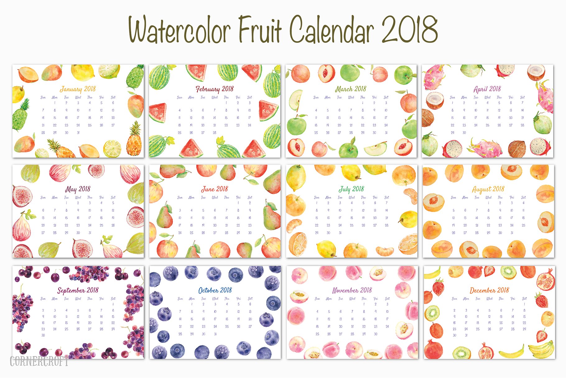 水彩水果年历/日历模板 2018 Calendar Watercolor Fruit插图2