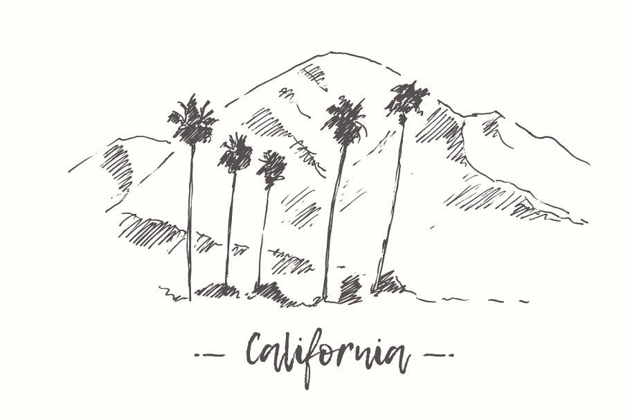 钢笔素描加利福尼亚山脉景观 Set of California landscapes插图