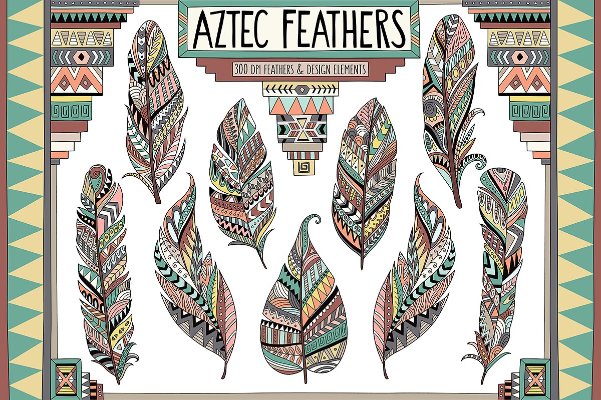 阿兹特克部落文化羽毛剪贴画套装 Aztec Tribal Feathers Clipart Set插图