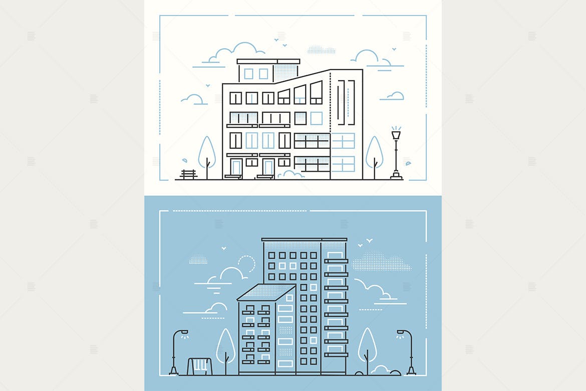 城市建筑线条设计风格插画素材 City buildings – line design style illustrations插图