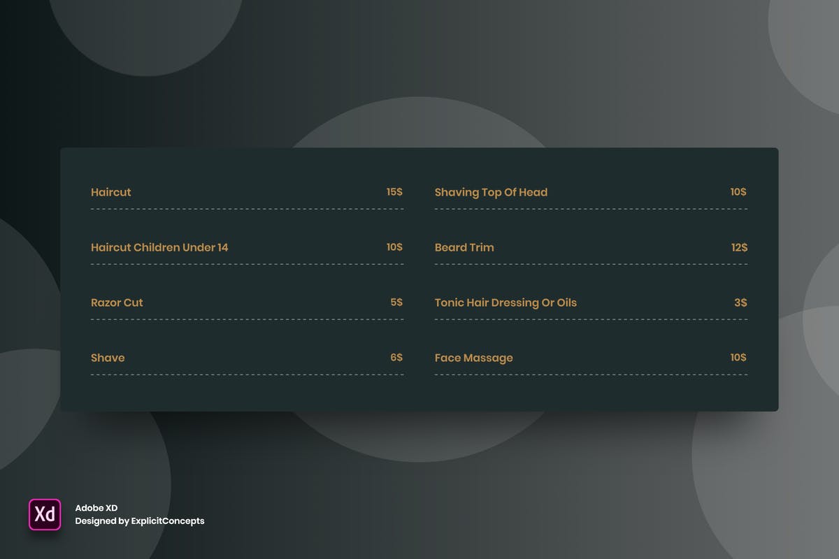 理发沙龙服务套餐网站价格表单UI界面设计 for XD Barber Pricing Table – Adobe XD插图