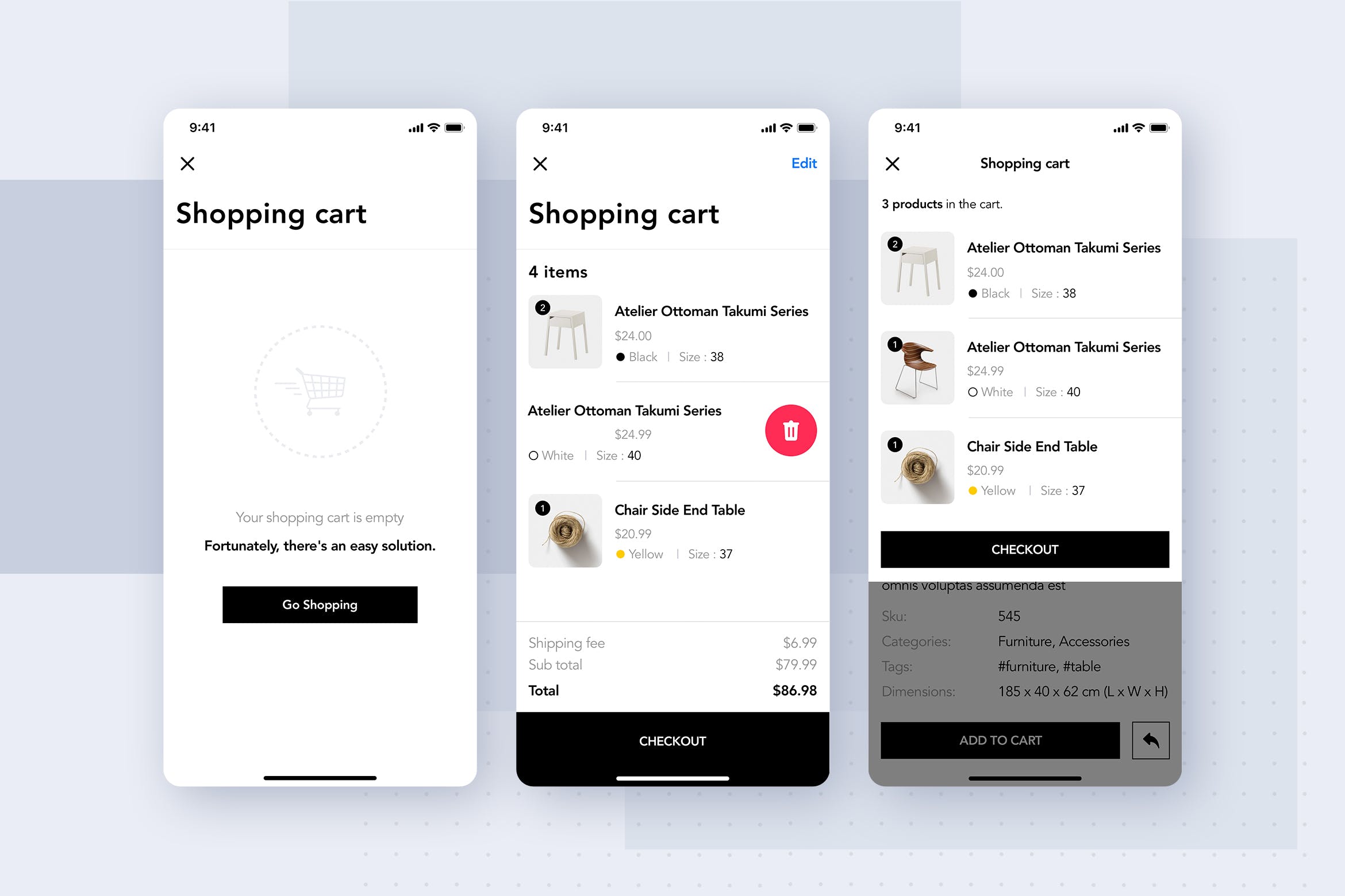 家具网上商城APP应用购物车交互界面SKETCH模板 Furniture Shop Mobile App UI Concept插图