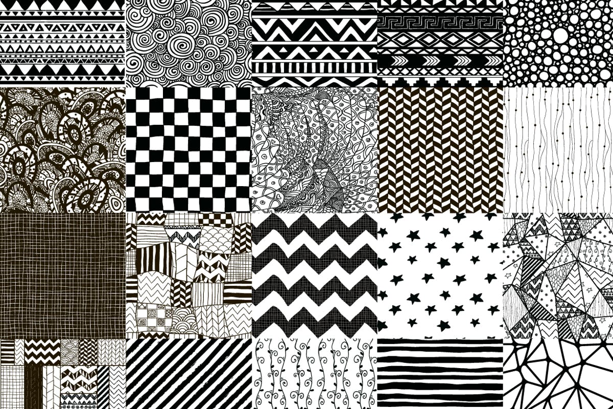 50款黑色手绘无缝印花图案 50 Black Hand-Drawn Seamless Patterns插图